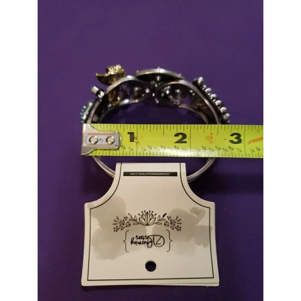 Chunky Ornate Clamper Bangle Bracelet Silver Tone Blue Rhinestones Gold Tone Bow